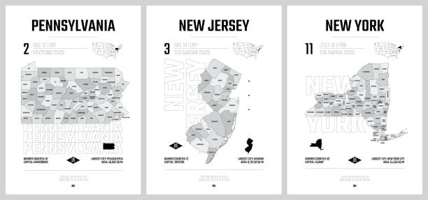 Highly detailed vector silhouettes of US state maps, Division United States into counties, political and geographic subdivisions of a states, Mid-Atlantic - Pennsylvania, New Jersey, New York - set 3 of 17 vector art illustration