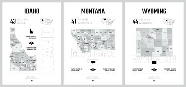 bardzo szczegółowe sylwetki wektorowe map stanów usa, podział stanów zjednoczonych na hrabstwa, podział polityczny i geograficzny stanów, góra - nevada, utah, arizona - zestaw 15 z 17 - wyoming map county counties stock illustrations