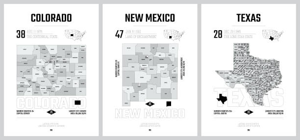 illustrations, cliparts, dessins animés et icônes de silhouettes vectorielles très détaillées de cartes d’états américains, division des états-unis en comtés, subdivisions politiques et géographiques d’un état, montagne et centre-sud ouest - colorado, nouveau-mexique, texas - ensemble 13 de 17 - aerial view albuquerque new mexico usa