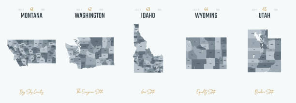 벡터 세트 9 의 10 미국 상태지도의 매우 상세한 실루엣, 이름과 영토 별명 카운티로 나누기 - wyoming map county counties stock illustrations