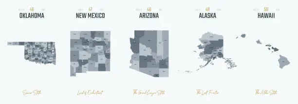 Vector illustration of Vector set 10 of 10 Highly detailed silhouettes of US state maps, divided into counties with names and territory nicknames