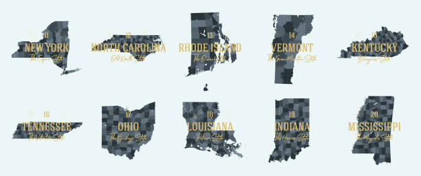 5 개 부문 미국 의 2 를 카운티의 카운티, 정치 및 지리적 세분화로 설정, 이름과 영토 별명과 매우 상세한 벡터지도 - new england region stock illustrations