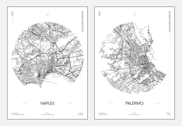 여행 포스터, 도시 거리  계획 도시 지도 나폴리와 팔레르모, 벡터 일러스트레이션 - napoli stock illustrations