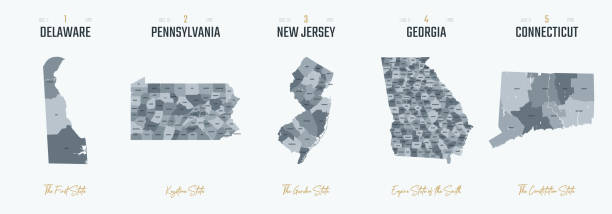 ilustrações, clipart, desenhos animados e ícones de vetor definiu 1 de 10 silhuetas altamente detalhadas de mapas estaduais dos eua, divididas em condados com nomes e apelidos de território - connecticut map