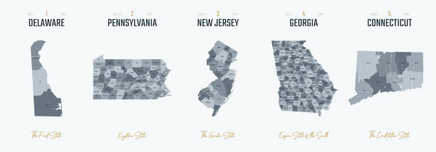 Vector set 1 of 10 Highly detailed silhouettes of US state maps, divided into counties with names and territory nicknames vector art illustration