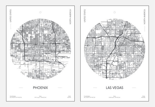 illustrazioni stock, clip art, cartoni animati e icone di tendenza di poster di viaggio, piano stradale urbano mappa della città phoenix e las vegas, illustrazione vettoriale - nevada map las vegas metropolitan area cartography