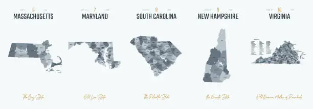 Vector illustration of Vector set 2 of 10 Highly detailed silhouettes of US state maps, divided into counties with names and territory nicknames