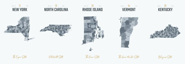 zestaw wektorowy 3 z 10 bardzo szczegółowych sylwetek map stanowych usa, podzielonych na hrabstwa z nazwami i pseudonimami terytoriów - vermont stock illustrations