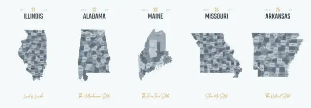 Vector illustration of Vector set 5 of 10 Highly detailed silhouettes of US state maps, divided into counties with names and territory nicknames