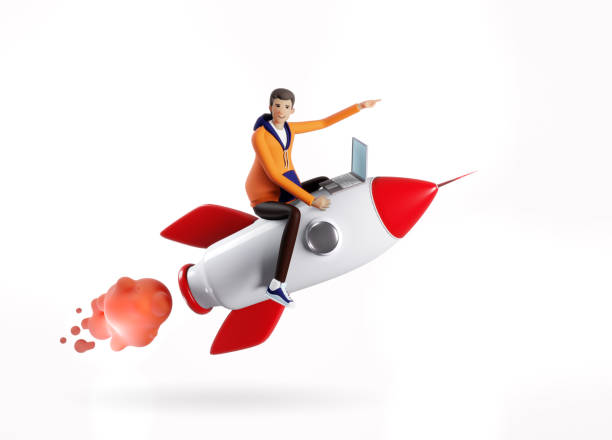 istock Successful business man flying on a rocket, 3D rendering illustration. Start up, success, new business, winner concept 1354413641