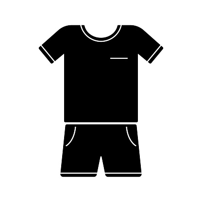 T-shirt and shorts icon. Black silhouette. Front view. Vector flat graphic illustration. The isolated object on a white background. Isolate.