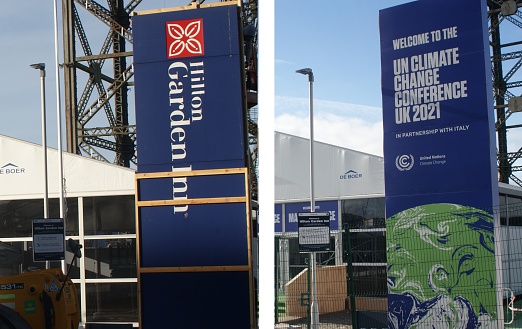 A before and after combination showing the existing hotel signage that the COP26 entrance sign was dressed over for the duration of the conference.