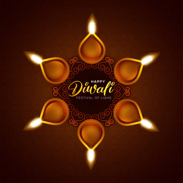 istock Happy Diwali design with diya oil lamp elements on brown background, bokeh sparkling effect 1354419323