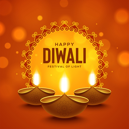 Happy Diwali design with diya oil lamp elements on brown background, bokeh sparkling effect