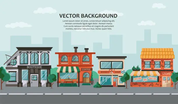 Vector illustration of Urban landscape with store building facades in a flat style. Urban small shops, barbershop, cafe. Market exterior. Shopping street in the town. Vector illustration