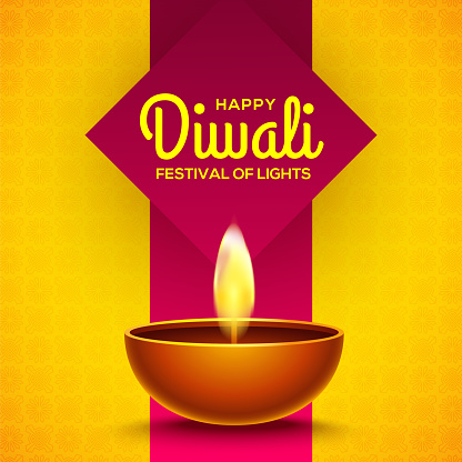 Happy diwali design with diya oil lamp elements on red and yellow rangoli background, bokeh sparkling effect