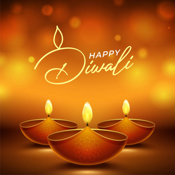 istock Happy diwali design with diya oil lamp elements on brown rangoli background, bokeh sparkling effect 1354419944