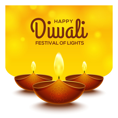 Happy diwali design with diya oil lamp elements on yellow rangoli background, bokeh sparkling effect
