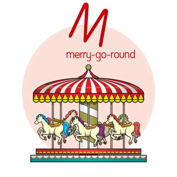 Vector illustration of Vector illustration of Merry go round with alphabet letter M Upper case or capital letter for children learning practice ABC