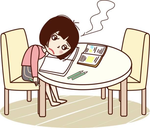 A young woman lying on her desk and sighing while studying. A young woman lying on her desk and sighing while studying. no more homework stock illustrations