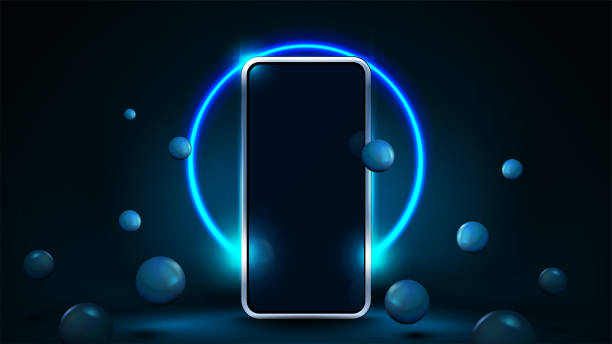 istock Smartphone mock up in blue scene with realistic bouncing spheres and neon ring on background. 1354426813