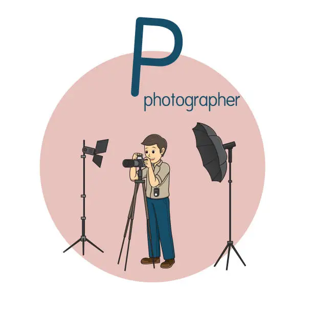 Vector illustration of Vector illustration of Photographer with alphabet letter P Upper case or capital letter for children learning practice ABC
