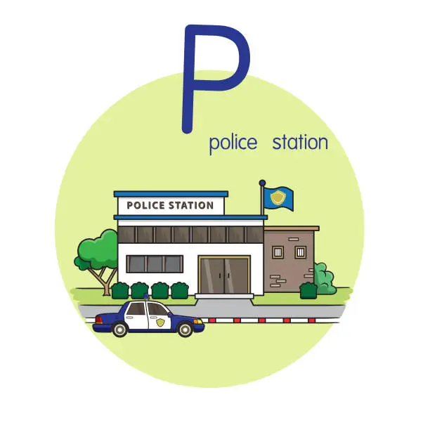 Vector illustration of Vector illustration of Police station with alphabet letter P Upper case or capital letter for children learning practice ABC