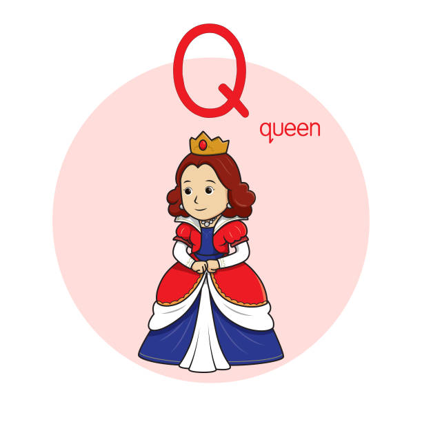 illustrations, cliparts, dessins animés et icônes de illustration vectorielle de queen avec la lettre alphabétique q majuscule ou majuscule pour la pratique d’apprentissage des enfants abc - empire dress