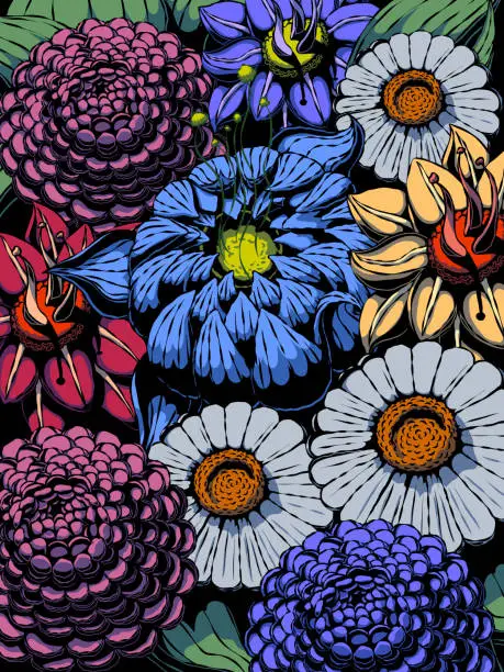 Vector illustration of Hand-drawn colorful flower illustration - Close-up bouquet of flowers.