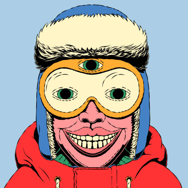 handgezeichnete surreale cartoon lustige illustration - mann in skibrille - snowboard extreme sports speed motion stock-grafiken, -clipart, -cartoons und -symbole