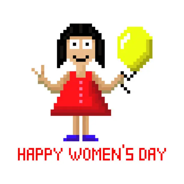 Vector illustration of Girl with a balloon. Pixel pattern. Happy Women's Day. Design for postcards. Vector image isolated on white background. March 8.