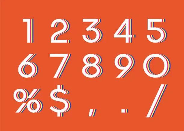 Vector illustration of Colorful retro numbers, percentage and dollar sign.