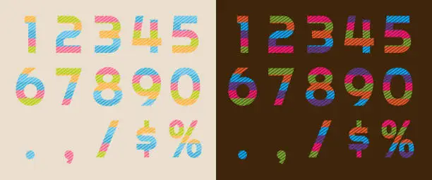 Vector illustration of Colorful retro flat numbers, percentage and dollar sign.
