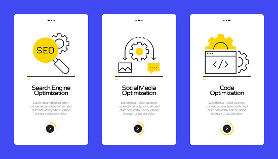 SEO Concept Onboarding Mobile App Page Screen with Flat Icons. UX, UI Design Template Vector Illustration
