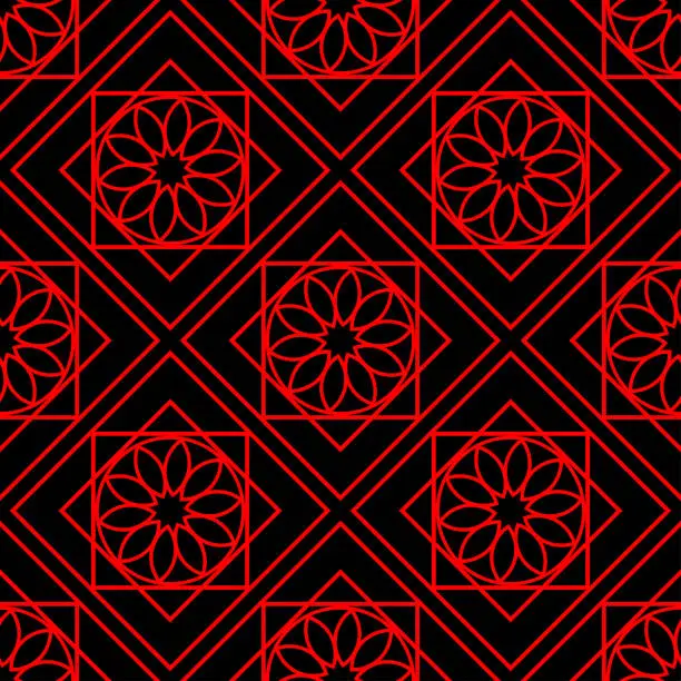 Vector illustration of Red delicate contour flowers, squares and rhombuses isolated on black background. Geometric linear seamless pattern. Vector flat graphic illustration. Texture.