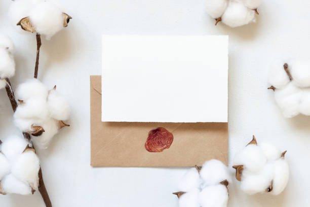 istock Blank card and envelope on white table with cotton flowers top view 1354438309