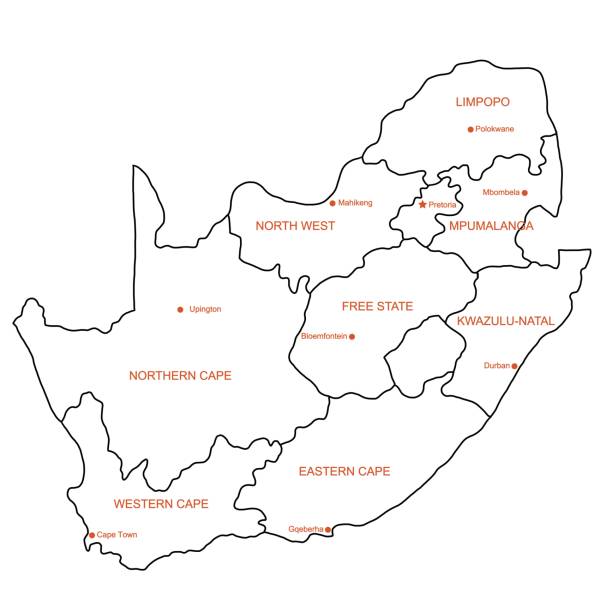 illustrazioni stock, clip art, cartoni animati e icone di tendenza di doodle a mano libera disegnando la mappa politica del sudafrica con le principali città. - pretoria