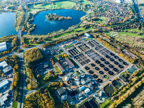 Aerial photo of purification tanks of modern wastewater treatment plant