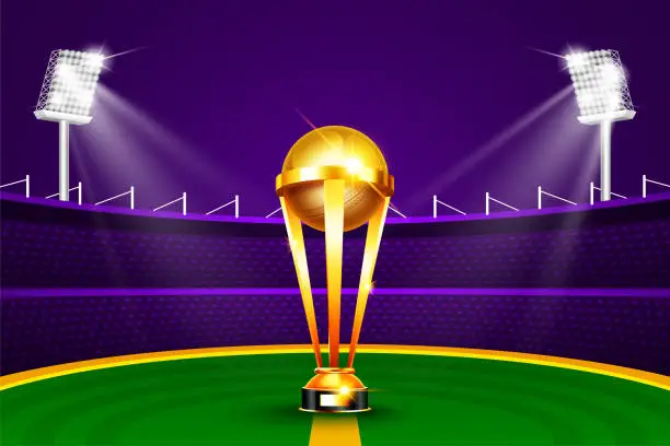 Vector illustration of Illustration of Realistic Golden Cup Trophy for Cricket sport tournament game on cricket stadium