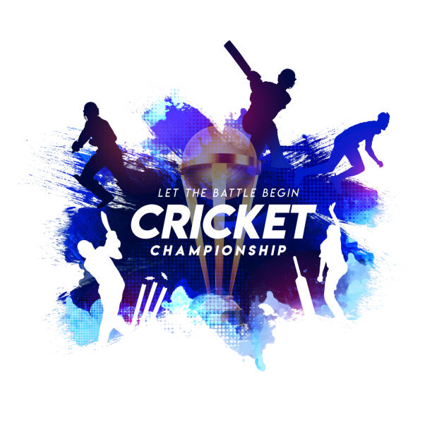 illustration von batsman und bowler, die cricket-meisterschaftssport mit trophäe auf blauem abstraktem farbstrichhintergrund spielen - cricket stock-grafiken, -clipart, -cartoons und -symbole
