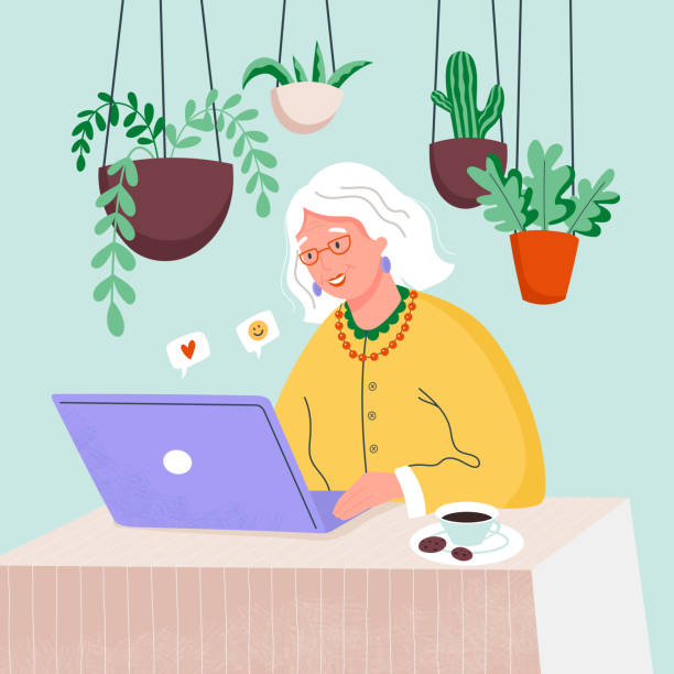 stockillustraties, clipart, cartoons en iconen met happy grandmother with the laptop computer at home. old woman online working. - mature woman