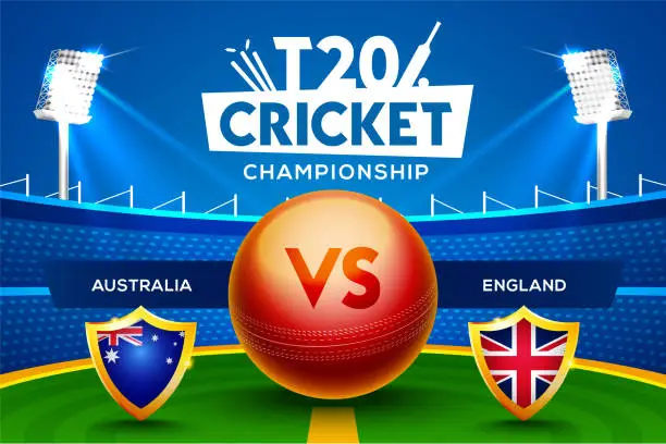 Vector illustration of T20 Cricket Championship concept Australia vs England match header or banner with cricket ball on stadium background.