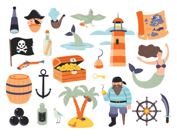 zestaw piratów z postaciami, syreną, mapą skarbów, skrzynią, latarnią morską, szkłem szpiegowskim, rumem, muszkietem, wesołym rogerem, wyspami palmowymi itp. pakiet pirata - hak wyposażenie stock illustrations