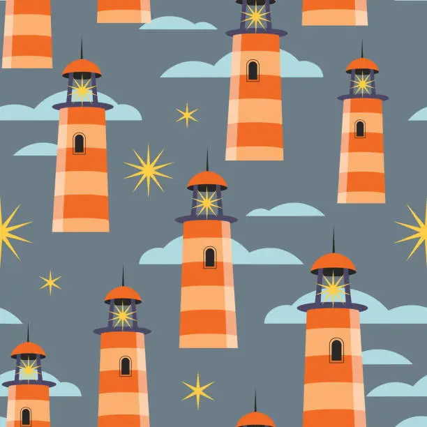 Vector illustration of Seamless vector pattern with lighthouse and clouds. Stylish kids background