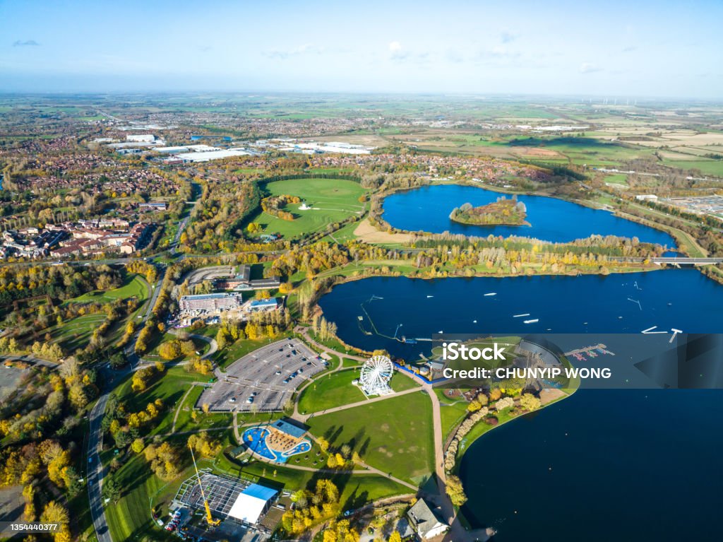 Drone view of the Willen Lake in Milton Keynes Milton Keynes Stock Photo