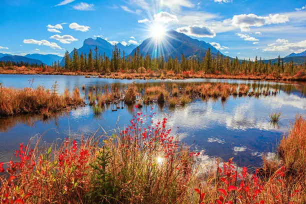 The Lake Vermillon reflects the snow-white clouds. Magnificent golden autumn in the Rocky Mountains of Canada. Mountains and lakes in autumnal gold foliage.