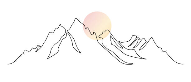 illustrations, cliparts, dessins animés et icônes de un dessin au trait continu du paysage de la chaîne de montagnes avec le soleil en couleur. collines abstraites et skyline dans un style linéaire simple scandinave. croquis panoramique moderne. illustration vectorielle doodle - himilaya