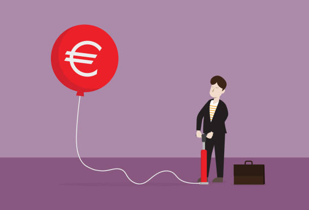 illustrazioni stock, clip art, cartoni animati e icone di tendenza di uomo d'affari gonfia un palloncino simbolo dell'euro con una pompa per biciclette - bce