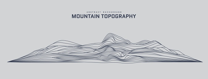 Mountain topography abstract background. 3d futuristic wireframe landscape in line art stile. Silhouette of structure of rock and hill. Contour elevation map template. Vector card illustration.