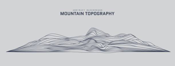 Mountain topography abstract background. 3d futuristic wireframe landscape in line art stile. Silhouette of structure of rock and hill. Contour elevation map template. Vector card illustration Mountain topography abstract background. 3d futuristic wireframe landscape in line art stile. Silhouette of structure of rock and hill. Contour elevation map template. Vector card illustration. topography stock illustrations